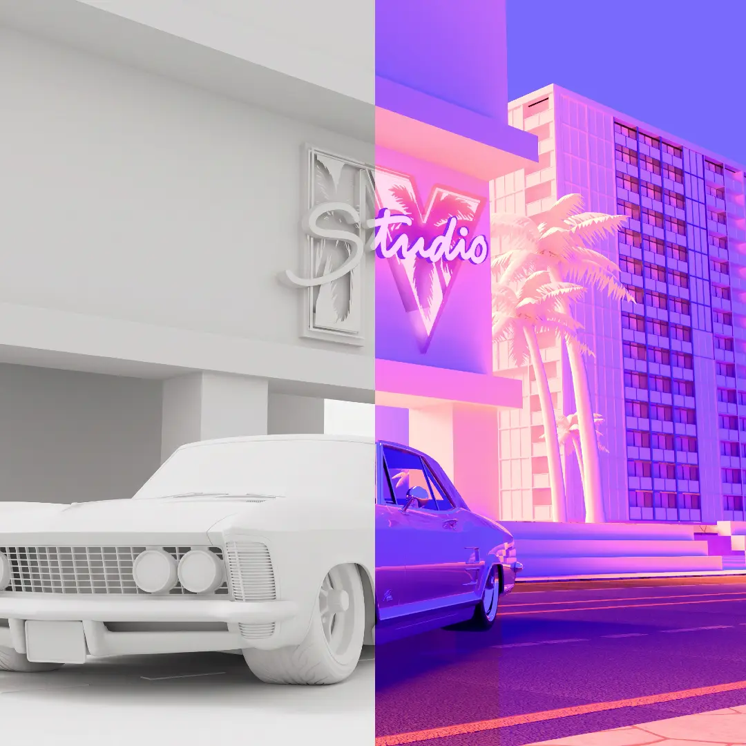 GTA VI-style Blender scene split in two: grey clay render on the left, finished neon render on the right, with a lowrider and an IV Studio sign